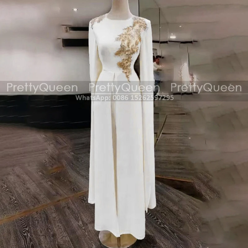 Customized Pleat A Line Mother of the Bride Dresses With Appliques Long Sleeves Dubai Kaftan Women Jewel Neck White Prom Dress