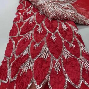 Beaded 3D Lace Fabric Red Lace Fabric High Quality Nigerian Party Lace Fabric 2025 Sequins Lace Mesh Fabric For Dress Sewing