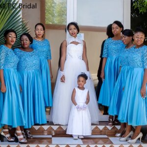 Charming Blue Long African Bridesmaid Dresses A Line Half Sleeves Lace Satin High Quality Wedding Party Gowns Custom Made