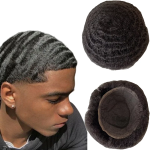 Brazilian Virgin Human Hair Systems 1# Jet Black Color 12mm Wave Toupee Full Lace Unit for Black Men