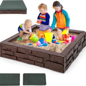 Sandbox with Cover, 47x47in Square Sand Pit, Bottom Drainage Oxford Liner, Playful All Weather Resistant, Brick Coffee