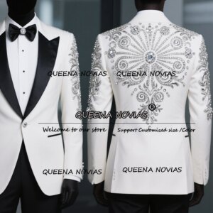 Male Fashion Beaded Stones Suits Men 2 Pieces Sets Black Peaked Lapel Party Blazer Groom Tuxedos For Wedding traje de hombre