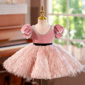 Dreamy Vow Baby Girl Dress Blush Pink Velvet Bodice Feathers Puff Sleeves Kids Birthday Ball Gown J419