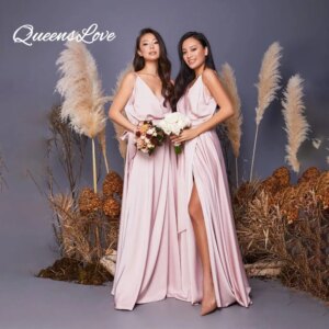 QueensLove Bridesmaid Dress V-Neck Evening Prom Party Dress with Split A-Line Satin Wedding Guest Dress Floor Length Customized