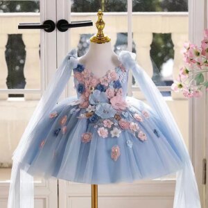 Dreamy Vow Elegant V-Neck Applique Tulle Flower Girl Dress Bow On Shoulder Cap Sleeve Wedding Holiday Evening Party Prom J535