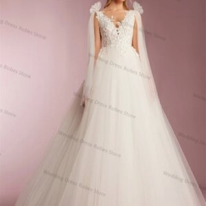 White A Line Women Wedding Dress Sexy V Neck Appliqued Lace Up Bridal Party Robe Sweep Train Evening Gowns Customized Skirt