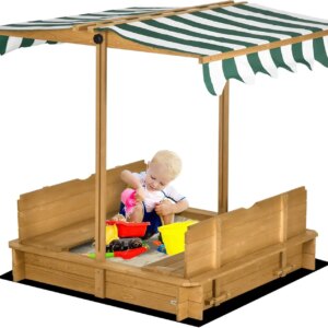 Wooden Kids Sandbox with Cover, Children Outdoor Sand Box with Foldable Bench Seats, Adjustable Canopy, Bottom Liner for Outdoor