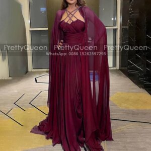 Customized Long A Line Mother of the Bride Dresses With Beaded Criss Cross Neck Cloak Shawl Chiffon Women Formal Party Dress