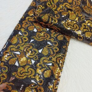 Luxury Gold Organza French Tulle Lace Fabric With Sequins For Bridal Dress Nigerian Groom High Quality African Wedding 5 W694-1