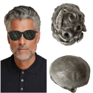European Virgin Human Hair Replacement Grey Color #1b70 Knots PU Toupee 32mm Wave 8×10 Skin Unit for White Old Men