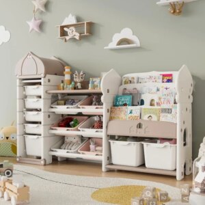 Kids Toy Storage Organizer with 10 Small Bins and 3 Large Bins, 3-in-1 Multifunctional Large Kids Toy Storage Organizer
