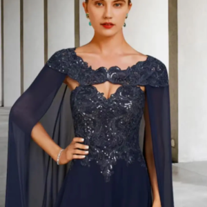 Othray Vestidos Elegantes Para Mujer Long Navy Blue Mother of the Bride Dresses with Cape Wedding Party Dress