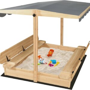 Wooden Sandbox for Outdoor Backyard, 48x48in Large Sand Box with Canopy for Aged 3-12 Years Old, Kid Sand Pit with 2 Foldable Be