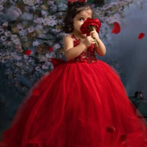 EVLAST Customized Red Lace Crystals Flower Girl Dress for Weddings Beaded Ball Gown Lilttle Kids Birthday Pageant Gown TFD031