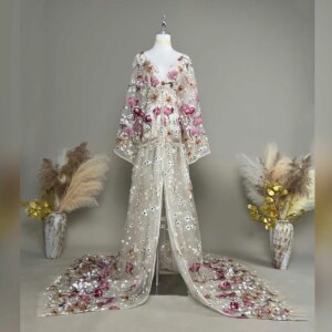 Don&Judy Maternity Photography Clothing Long Sleeve V-neck Organza Embroidery Front Slit Dress Women’s Gowns Wedding Photo Prop