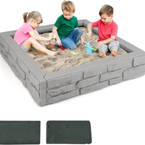 Kids Sandbox with Cover, 47″x 47″ HDPE Sand Box w/Oxford Cover, Bottom Liner, Reinforced Structure, Weather Resistant Outdoor Sa