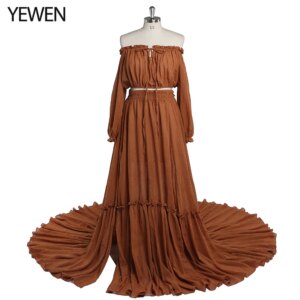 Two Pieces Gown Maternity Dresses Long Sleeves Side Slit Photography Dress Cotton Maxi Dress YEWEN YD211229