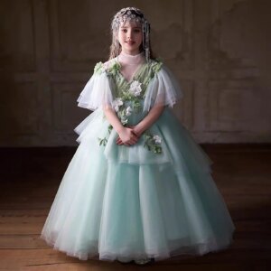 Jill Wish J214 Luxury Sage Green Girl Dress Handmade Flowers Arabic Princess Kids Wedding Birthday Party Long Pageant Gown