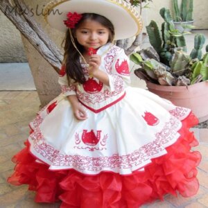 Mexican Red Embroidery Flower Girls Dress 2025 Vestido Mini Charro Quinceañera Dress Luxury Escaramuza Birthday Party Customized