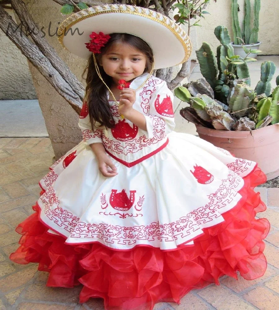Mexican Red Embroidery Flower Girls Dress 2025 Vestido Mini Charro Quinceañera Dress Luxury Escaramuza Birthday Party Customized