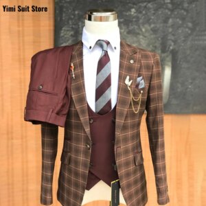 Classic Plaid Men’s Casual Business Single Breasted Formal Business Slim Fit Coat Pants 2 Pieces Set Fashion Jacket+Vest+Pants
