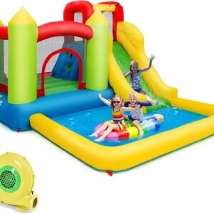 Inflatable Water Slide With 480W Air Blower, 5 in 1 Giant Water Bounce House w/Climbing Wall & Slides, Splash Pool