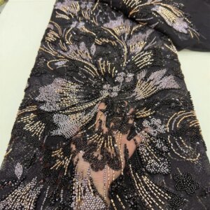 Latest Hot Sale Fashion Africa Lace Fabric High Quality Handmade Embroidery Lace With Beads Sequins Party For Wedding Dress