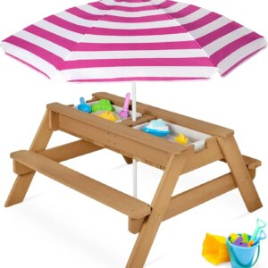 Kids 3-in-1 Sand & Water Table, Wood Outdoor Convertible Picnic Table w/Umbrella, 2 Trays, Removable Top, 220lb Capacity Per Ben