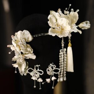 New Chinese Style Handmade Beige Flower Bridal Headdress Morning Gowns Classical Tassel Hairpin Makeup Accessories Set
