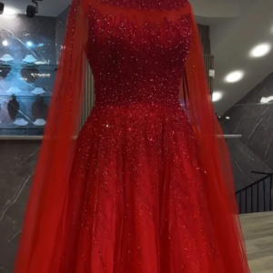 FATAPAESE Customized Arabic  Sparking Stone Gems Embellishments that Adorn Red Dress Long Sleeves For Formal Occasion