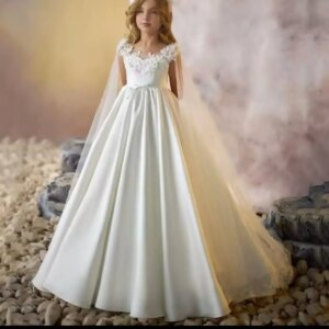 Customized O-Neck Portrait Lace Cape Satin  Applique Beads Button Princess Dress  Flower Girl Dresses