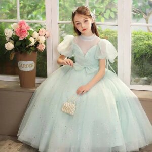 Jill Wish Elegant Sage Green A-Line Girl Dress with Bow Sequines Princess Kids Wedding Birthday Party Peformance Gown J096