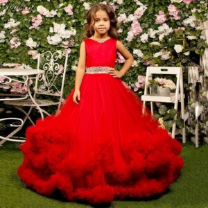 Customized Luxury Red Ball Gown Flower Girl Dresses For Wedding 2025 Elegant Princess Crystals Beading Kid First Communion Gowns