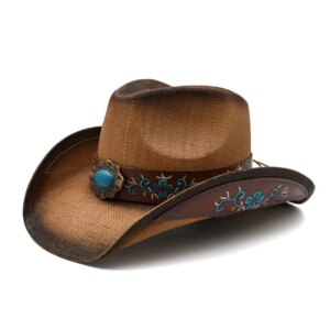 Men’s and women’s country strong vintage embroidery printed large brimmed cowboy hat