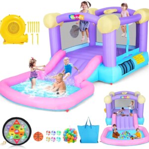 Inflatable Bounce House for Kids 3-6 with Ball Pit & Dart Board – Toddler Water Bounce House Jump ‘n Slide Park for Indoor Outdo