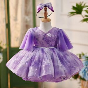 Jill Wish Elegant Lilac Knee Length Girl Dress Puffy Sleeve Princess Children Birthday Wedding Party Pageant Ball Gown J307
