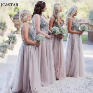 Silver Gorgeous Wedding Party Dress Sexy V-neck Sheer Bead Guest Woman Dress Slit Prom Sparkling Evening Gown