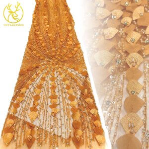 Luxury 3D French Sequins Lace Tulle Fabric 2025 African Beaded Embroidery Lace Fabric for Women’s Wedding Evening Gown Material