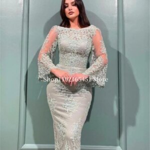 Aso Ebi Sheath Mothers Dresses Sheer Flare Sleeves Appliques Ankle Length Jewel Prom Evening Gowns vestido cerimonia Customized