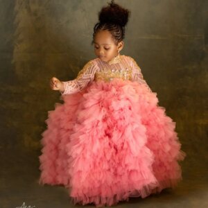 Luxury Pink Kids Birthday Party Dresses Customized Long Sleeve Flower Girl Dresses for Wedding Baby Girls Prom Photoshoot
