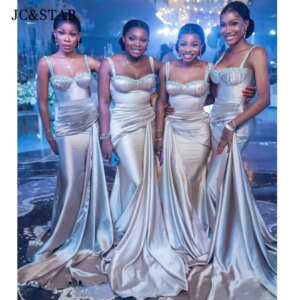 Spaghetti Straps Silver Mermaid Wedding Guest Dresses Long Gorgeous Bridesmaid Dress Sparkling Beaded Silk Satin Vestido Festa