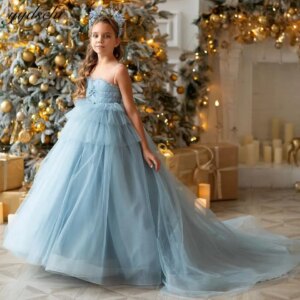 Customized Elegant Blue Tulle Puffy Flower Girl Dresses For Wedding 2025 Princess Sheer Neck Kids Pageant First Communion Gowns