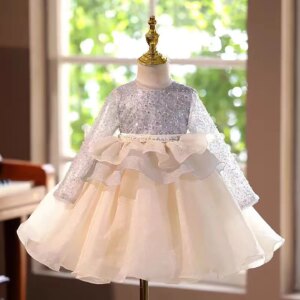 Jill Wish Sparkly Flower Girl Dress Beading Long Sleeve Princess Toddler Kids Wedding 1st Birthday Holiday Party Gown J458