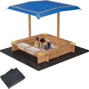 Wooden Sandbox with UV-Resistant Canopy, Side Buckets, and Drainage Liner – Durable, Weather-Resistant Fir Wood for Kids’ Outdoo