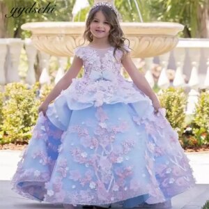 Customized 2025 Blue Flower Girl Dresses Short Sleeves Party Dress Beading Kids Birthday Princess Dresses Vestidos De Novia