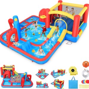 Bounce House Waterslide for Kids 3-12 w/Blower, 14.3 x 14.3FT Inflatable Obstacle Course w/Jump Area, Divided Ball Pit, Slide, O