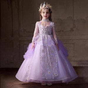 Jill Wish luxury Flower Girl Dress Crystal Beads Long Sleeve Princess Kids Wedding Birthday Party Long Pageant Ball Gown J271