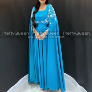 Customized Shawl Cloak Mother of the Bride Dresses A Line Long Appliques Square Neck Kaftan Arabic Women Blue Prom Dress Party