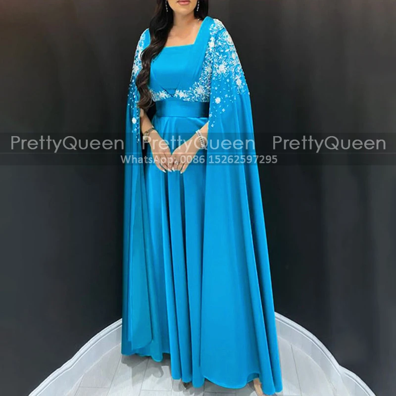 Customized Shawl Cloak Mother of the Bride Dresses A Line Long Appliques Square Neck Kaftan Arabic Women Blue Prom Dress Party