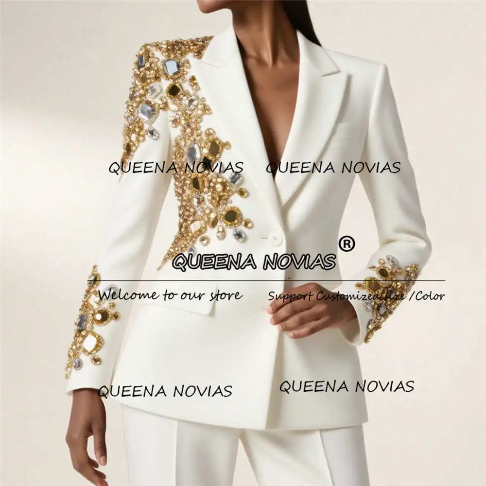Metallic Jewelry Stones Mother Of The Bride Dress For Wedding Guest Party Gowns Customized 2 Pieces Set Women Pants Suits Luxury